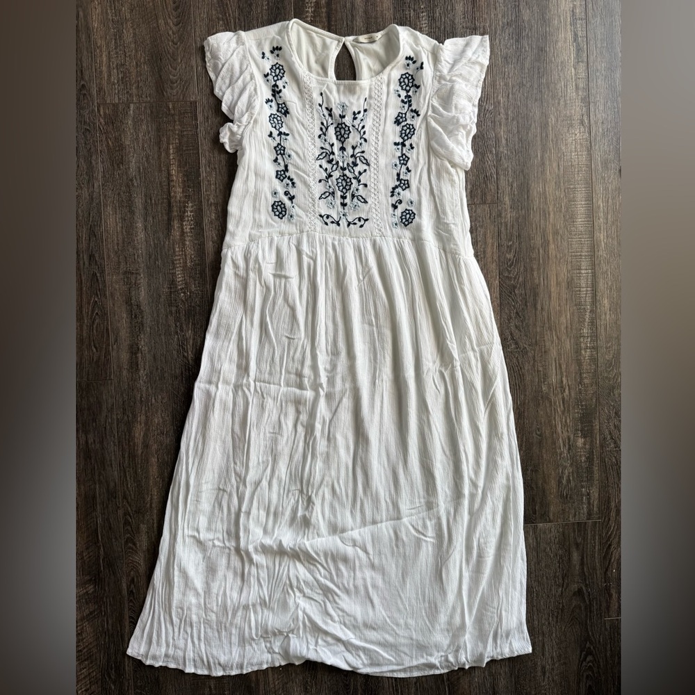 White Midi Dress with Navy Floral Embroidery